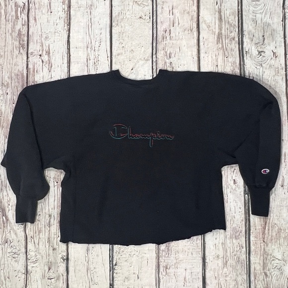 Vintage 80s Champion Reverse Weave Black Stitched Pullover Crop Top Sweatshirt - Picture 1 of 6